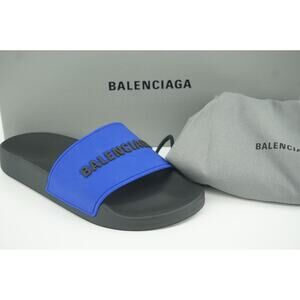 New Balenciaga Pool Flat Slide Sandal SZ 36 C Blue $445 Logo Flip Flop Rubber